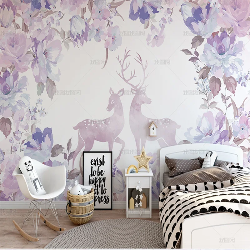 Customized products 3D modern simple purple watercolor flowers elk dream wallpaper living room TV background wall mural bedroom