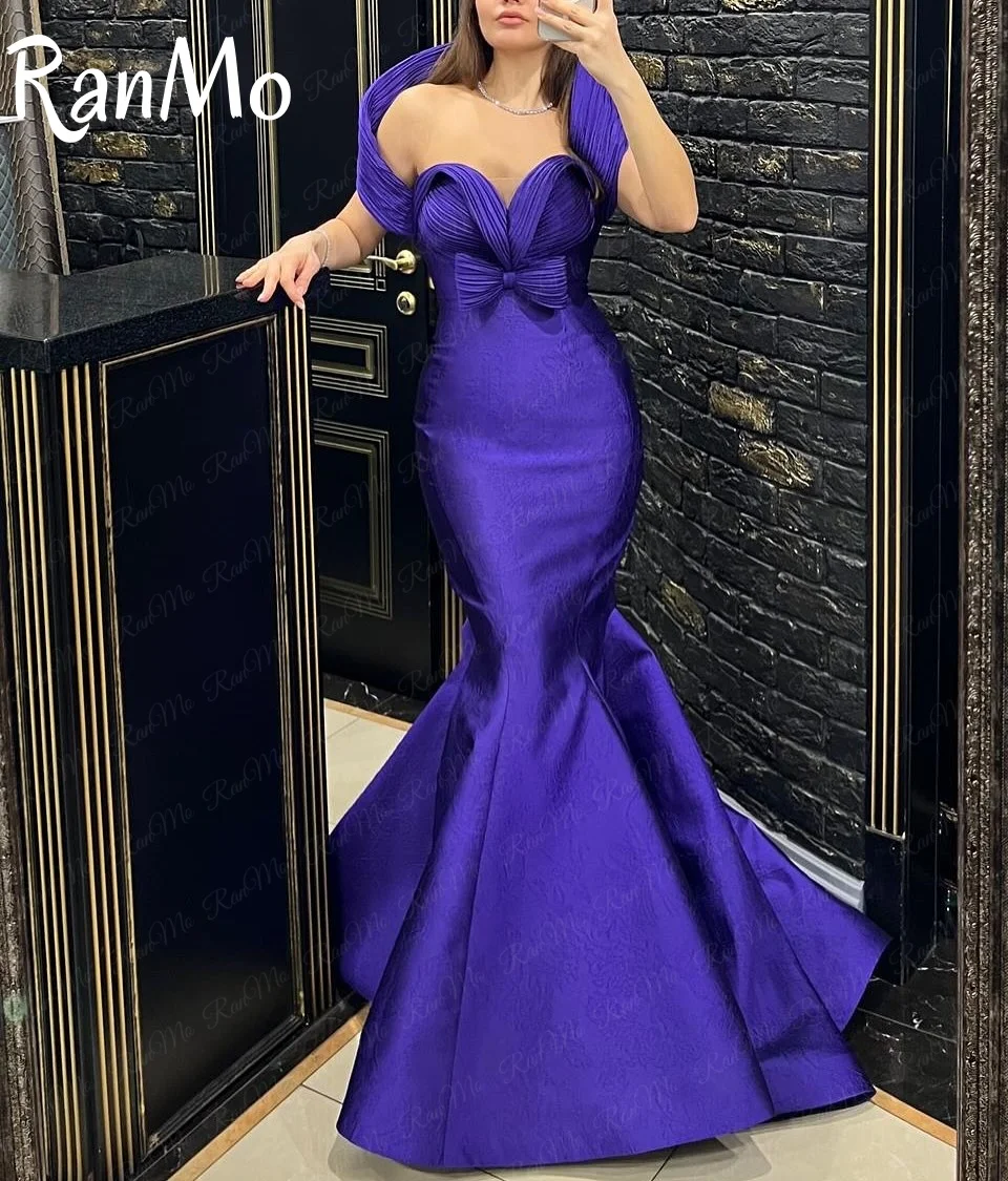 فستان سهرة Ranmo 2025 أنيق أرجواني بدون أكتاف مع فيونكة مخصصة بدون أكمام مع فيونكة دبي حورية البحر مناسبة للحفلات الراقصة