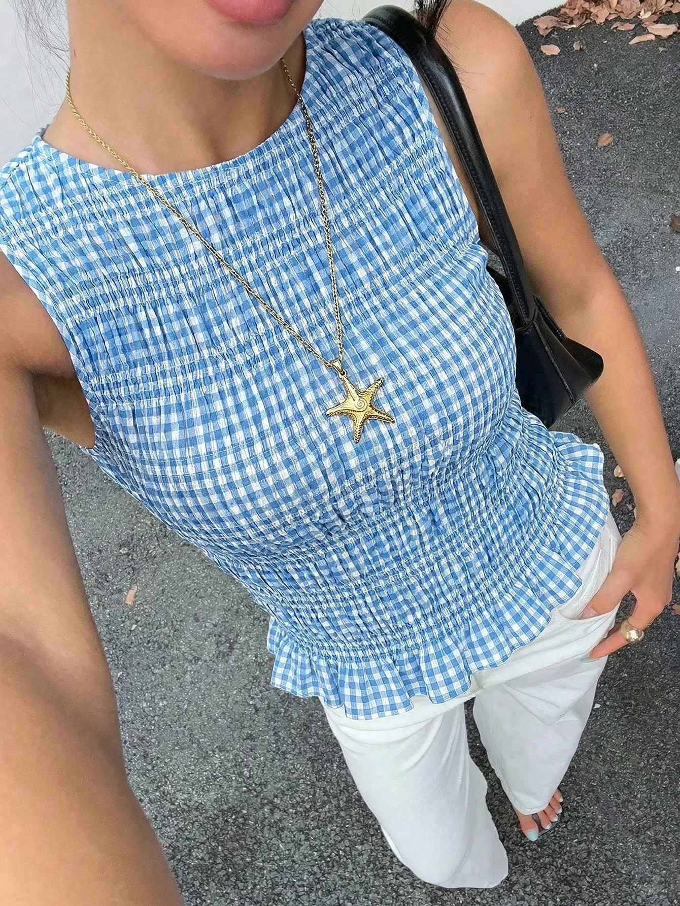 Women's Summer Spicy Girl Thousand Bird Grid Hug and Waist Tight and Skinny Sleeveless Round Neck Shoulder Tank Top