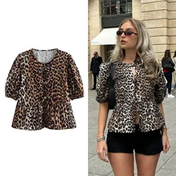 Women Leopard Print Shirt with Lace-Up O-Neck Half Sleeves 2024 Summer Bowknot Cut Out Cropped Blouse T-shirt Vintage Top