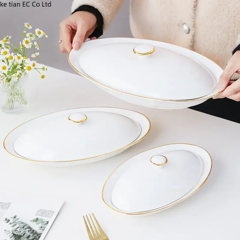 Steamed Fish Plate Oval Plate Abalone Juice Dish Sea Cucumber Plate Ceramic Dinnerware with Lid Hotel Restaurant Dishes