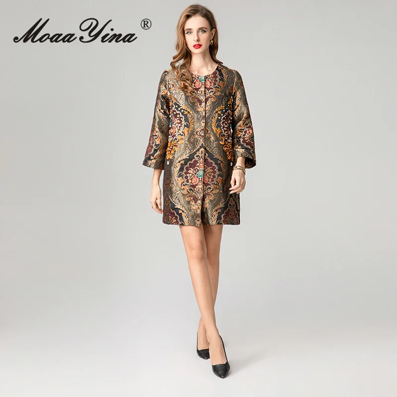 معطف MoaaYina لخريف وشتاء 2025 للسيدات جديد عصري برقبة دائرية وأكمام طويلة من قماش الجاكار وخرز للأظافر سترة واقية من الرياح #3