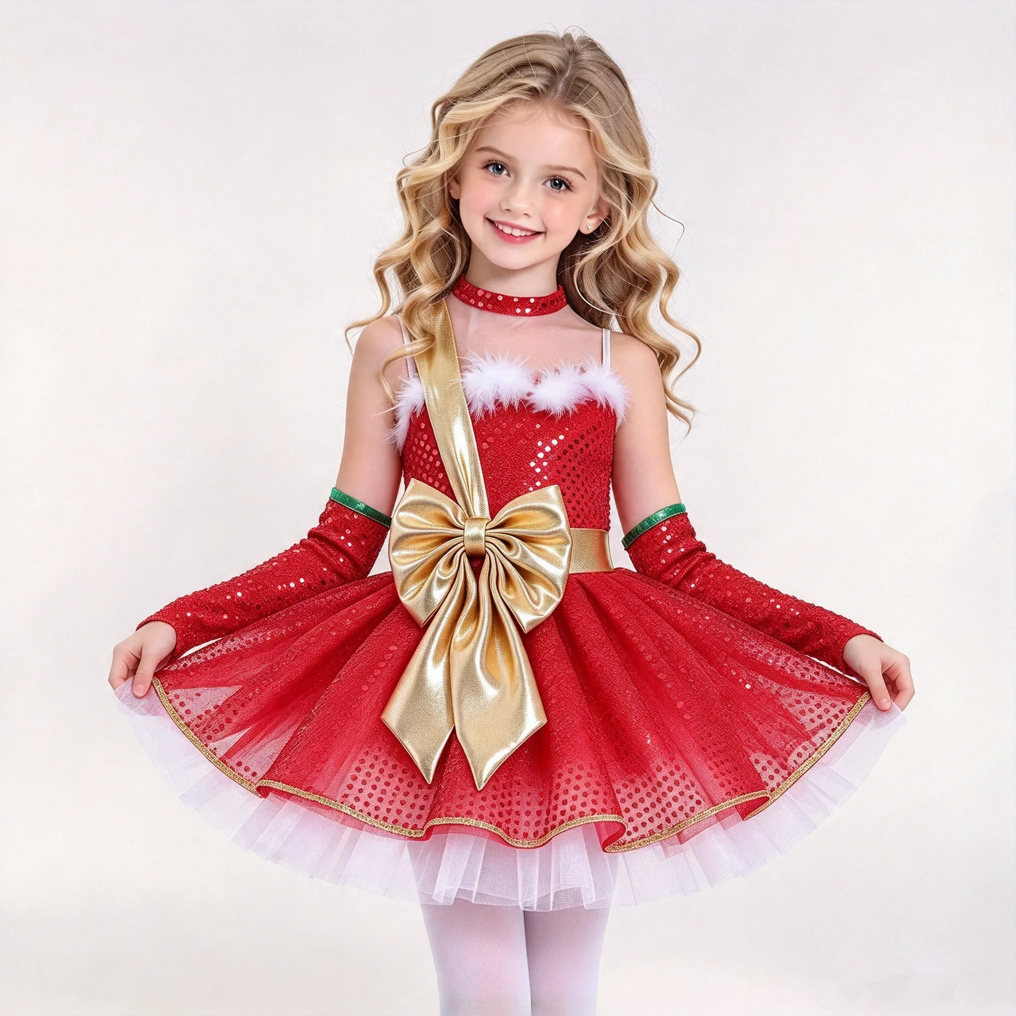 Girls Christmas Ballet Dance Dress Santa Elf Costume Sleeveless Mesh Bow Sequins Figure Skating Gymnastics Leotard with Sleeves