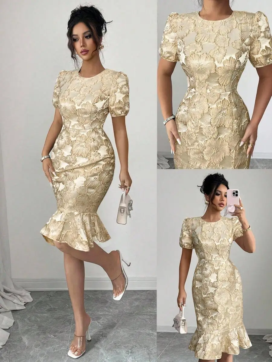 Elenzga Crew Neck Puff Sleeve Short Dress, Waist Cinched, Textured, Jacquard Golden Floral, Elegant Vintage Midi Dress For