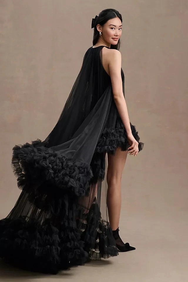 Trendy Black High Low Tulle Long Women Dresses Ruffles Tutu Tulle Edge Modest Female Party Dresses Female Tulle Robe