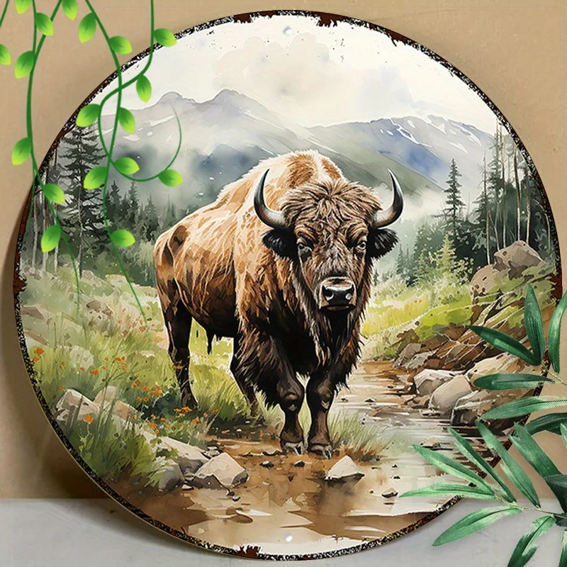 2D flach, 1 Stück rustikales Bison 8 x 8 Zoll rundes Aluminium-Metallschild – wetterfeste, UV- und kratzfeste Wandkunst mit lebendiger Natur