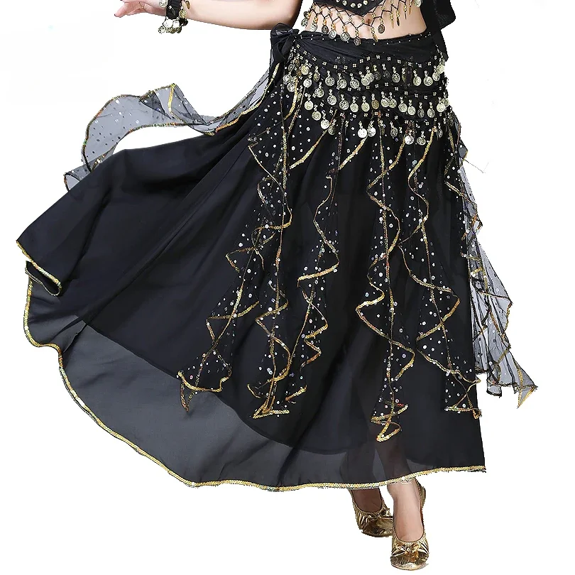 High Quality Indian Belly Skirt Sequin Women Oriental Bellydance Costumes Chiffon Bollywood Dancing Skirts