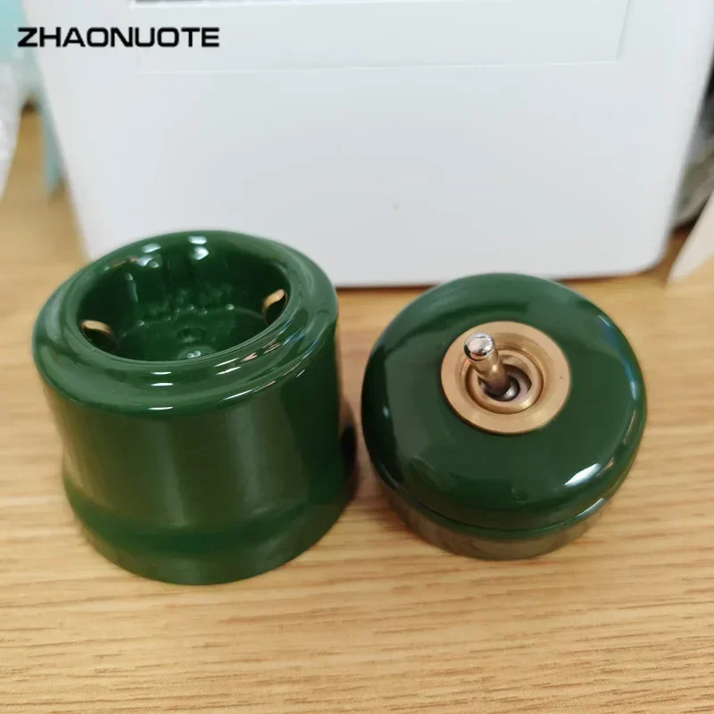 High Quality Retro Green Ceramic Round Toggle Switch 1 Ｗay 2 Way Control Wall Light Switch EU Socket