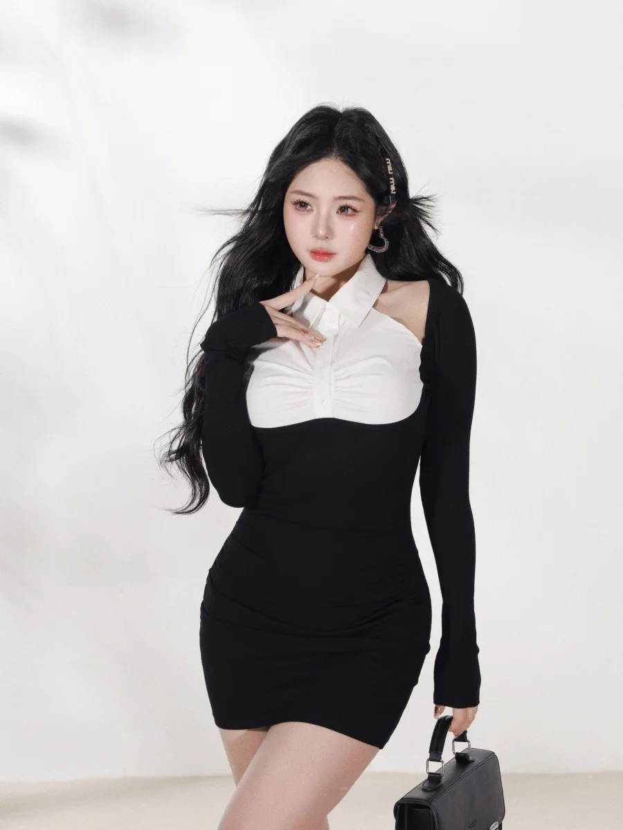 

Вязаное платье-боди с длинными рукавами и пэчворком Cute Face Hero Ternoon Tea Melody Pure Desire Color Colion Simple Sle Long Sleeve Bodyco