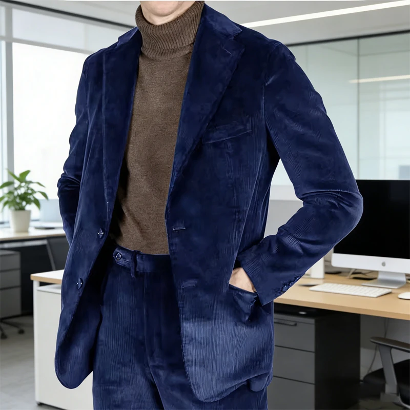 

Men's Navy Blue Velvet Corduroy Blazer Set Business Casual 2-Piece Suit Jacket & Pants Autumn Winter Formal Wedding Office Wear