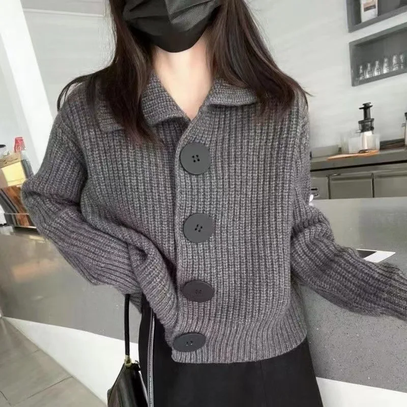 

Spring Winter Lapel Collar Knitted Sweater Women Loose Single Breasted Cardigan Woman Korean V Neck Cardigans Coat