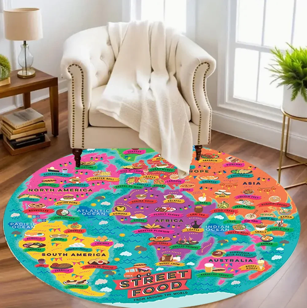 World Map Round Carpet Mat Rug Educational & Interactive Home Decoration with Blue White Tone for Room Playroom
