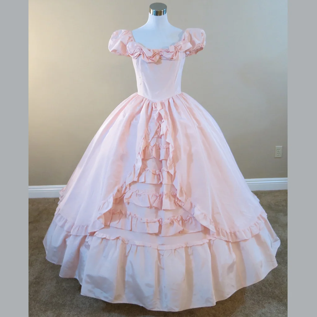 

Victorian pink ruffled dress gown vintage ball gowns 1860s style gowns Civil war Southern Belle prom dress princess evening dres