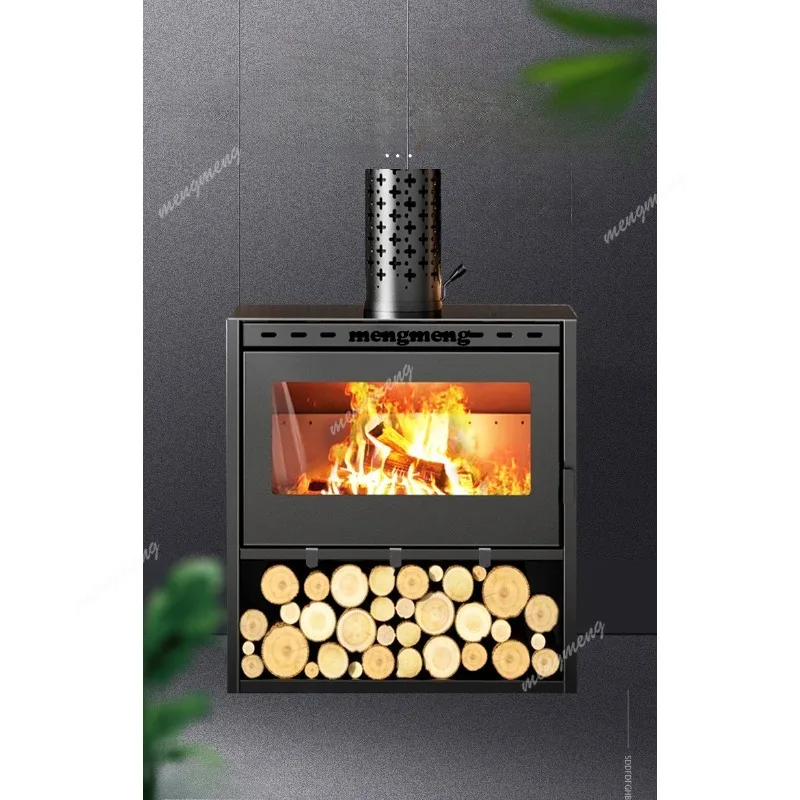 

Real fire burning wood fireplace, household firewood stove, heating stove, boiling water, homestay rural interior