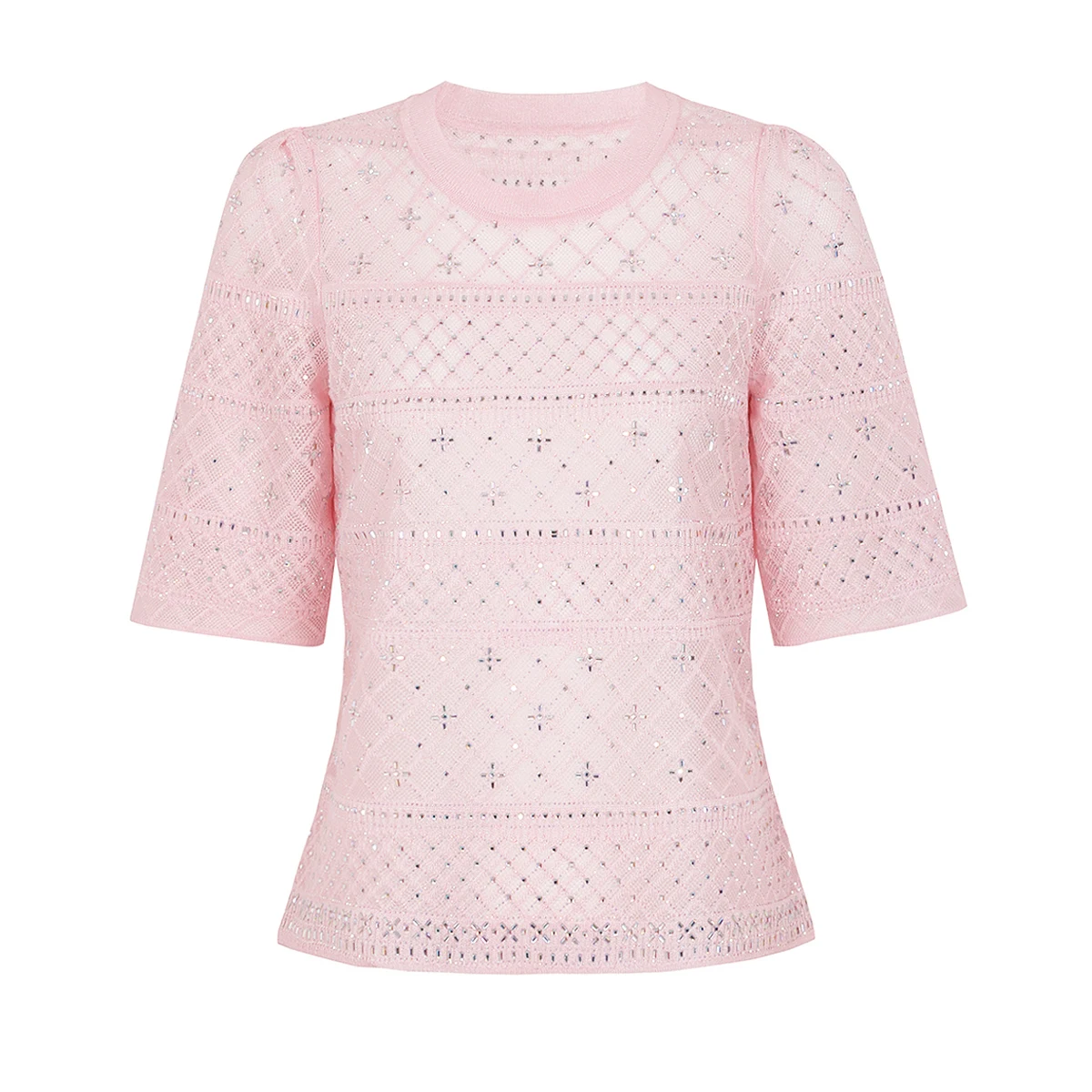 26251 High‑Quality Summer Women Co‑ord Set Knitted Rhinestone Hollow Short Sleeve Top Stylish Skirt Commuter Daily Casual Suit