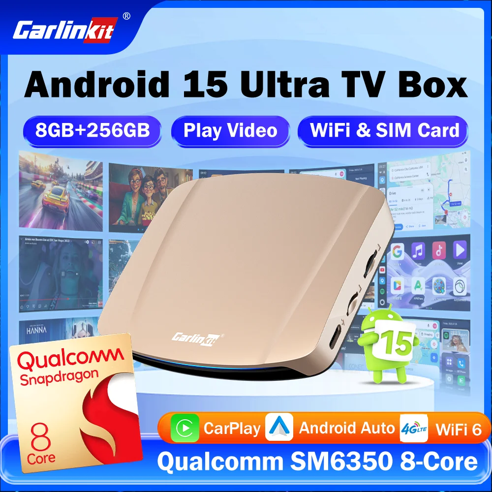 CarlinKit Android 15 TV Box Ultra WiFi6 SM6350 8-Core For Netflix Play Store GPS WiFi/SIM Card Wireless Android Auto CarPlay Box