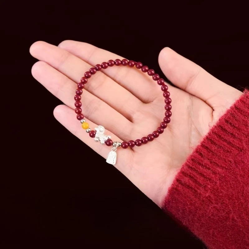 Chinese Style Natural Red Cinnabar Beaded Bracelet Year Of Horse Zodiac Pendant Lucky Blessing Wealth Fortune Good Luck Amulet