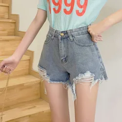 Fashion New Summer Women High Waist Button Wigh Leg Jeans Shorts Casual Female Loose Fit Blue Denim Shorts