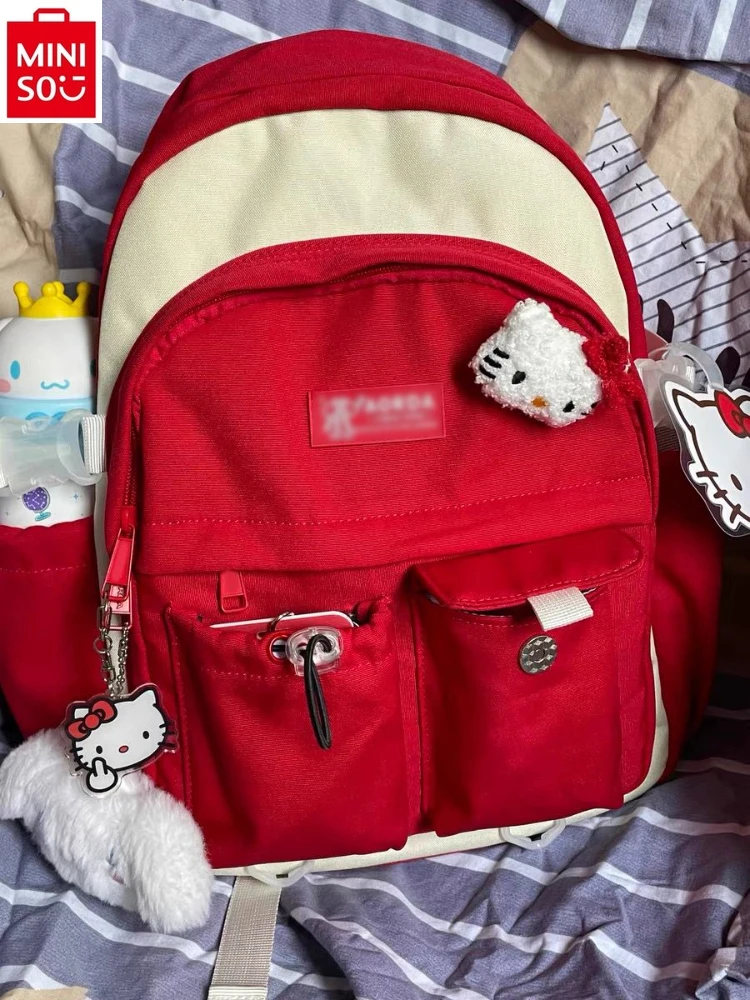 MINISO mochila con estampado de hello kitty para estudiantes, simple e informal, gran capacidad