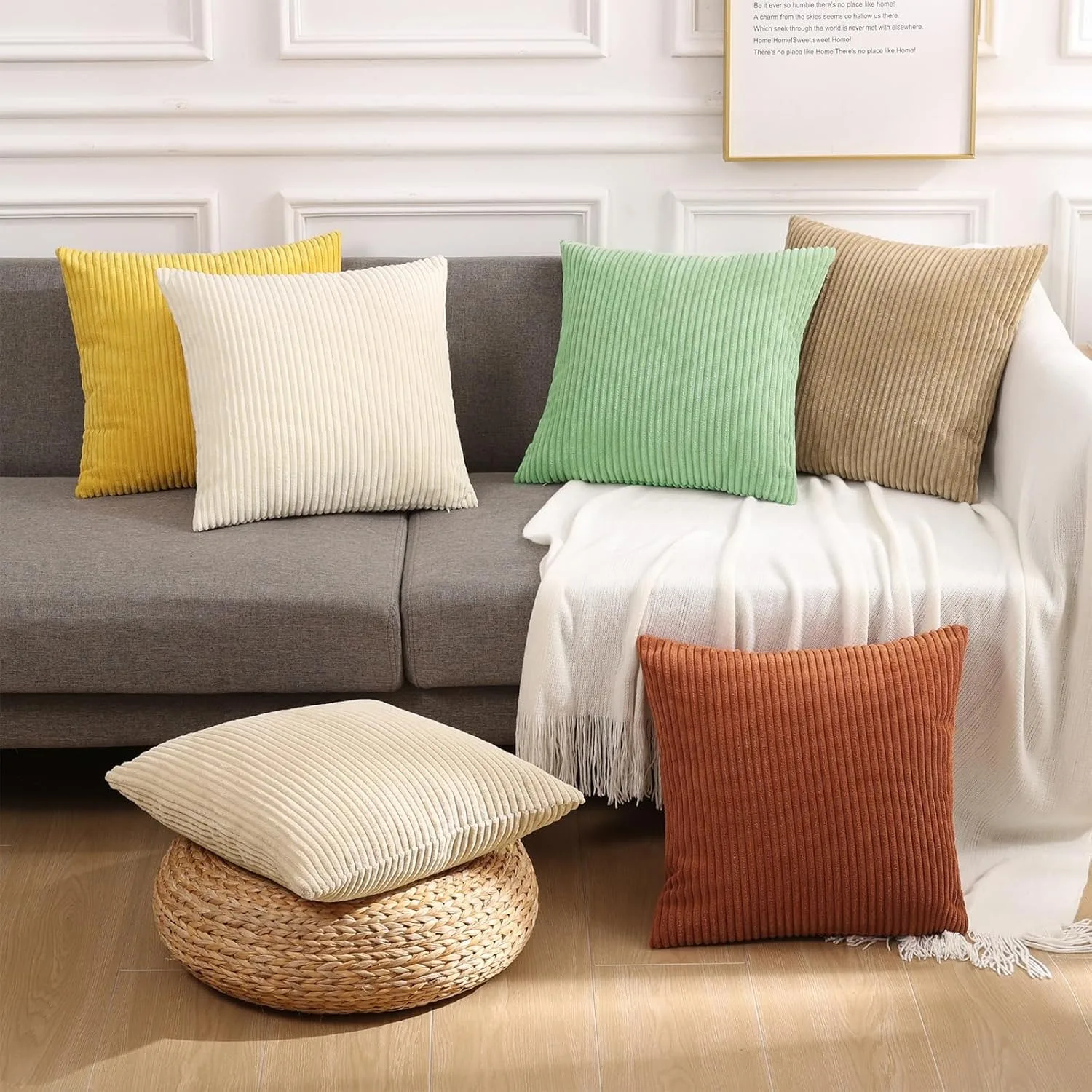 Sage Green Decorative Throw Pillow Covers 18x18 Inch Soft Corduroy Striped Square Cushion Cases Modern Farmhouse Boho Home Decor