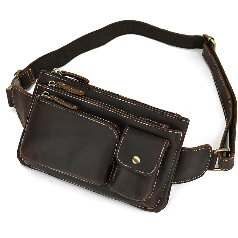 Natural Cow Skin Waist Bag Outing Stroll Fanny Pack Zipper Belt Bum Waist Bag Brown Genuine Leather Men Male  Waist Pack