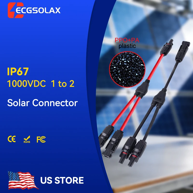 US Store Power Solar Connectors 20A Y-Branch Cable, Solar Cable Parallel Adaptor in Pair for Solar Panel 1*M/FF+1*F/MM Black Red Power