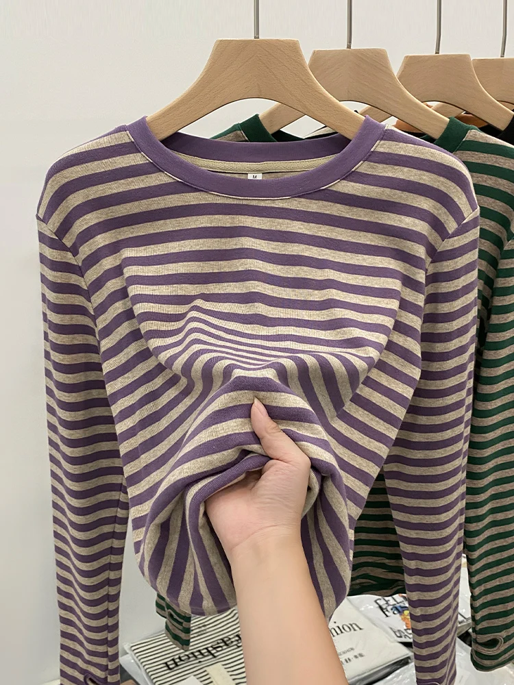 

2024 Autumn Winter Women's New Striped Long-sleeved T-shirt Female Contrast Color Tops Tees Ladies Loose Bottoming T Shirt E395