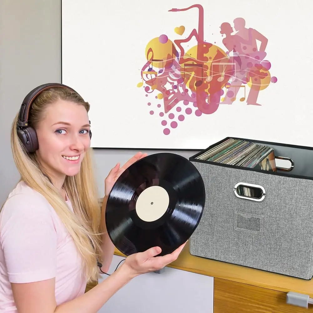 12-Inch Vinyl Record Storage Boxes With Lids And Handles, Stylish And Practical Lp Record Organizer For 100+ Single Records,