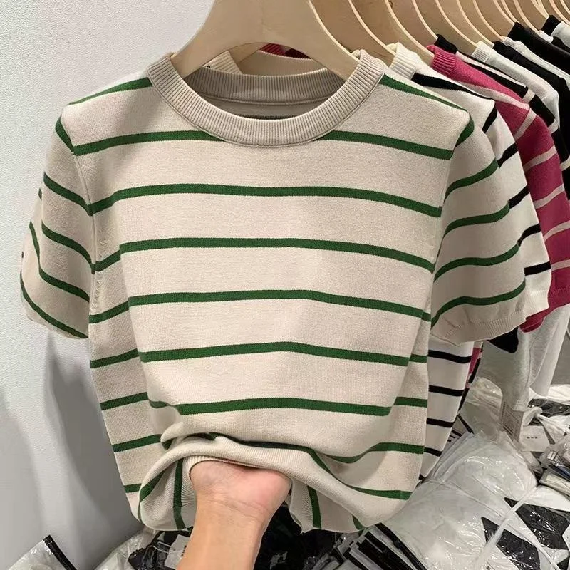 Casual Retro T-Shirt Sweet New Women Fashion Striped Cropped Knit Sweater Vintage O Neck Short Sleeve Female Pullovers Chic Tops