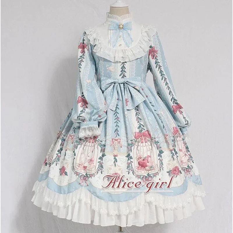 Frauen kawaii rosa Lolita Dienst mädchen Kleid Langarm Kostüm lose neue Blume Prinzessin Original kleid Erdbeer kleid (mit Clip)