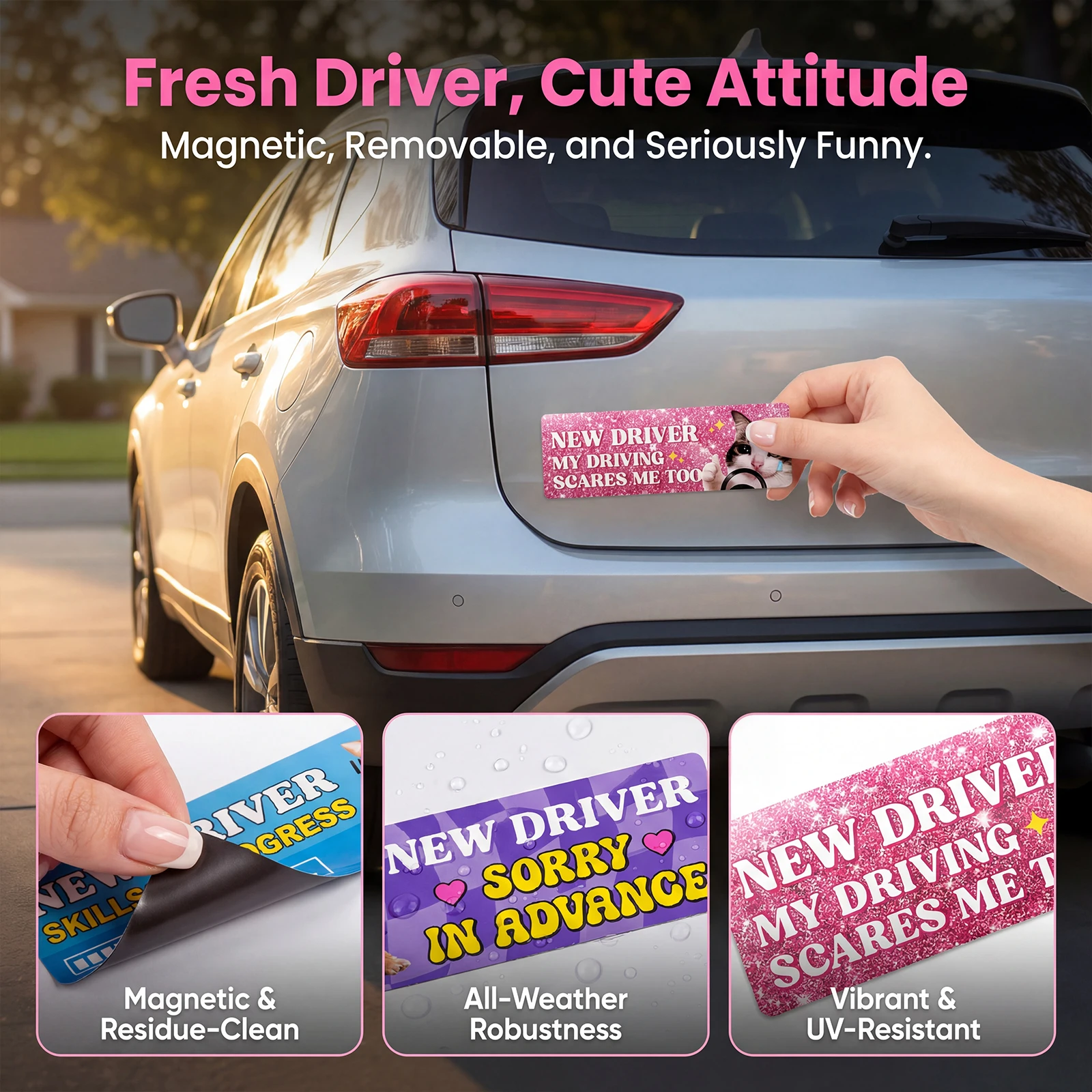 5Pcs Cat New Driver Magnet Set, Waterproof UV Resistant, Funny Attitude Automotive Decals for Car Truck Bumper, Fridge Decor