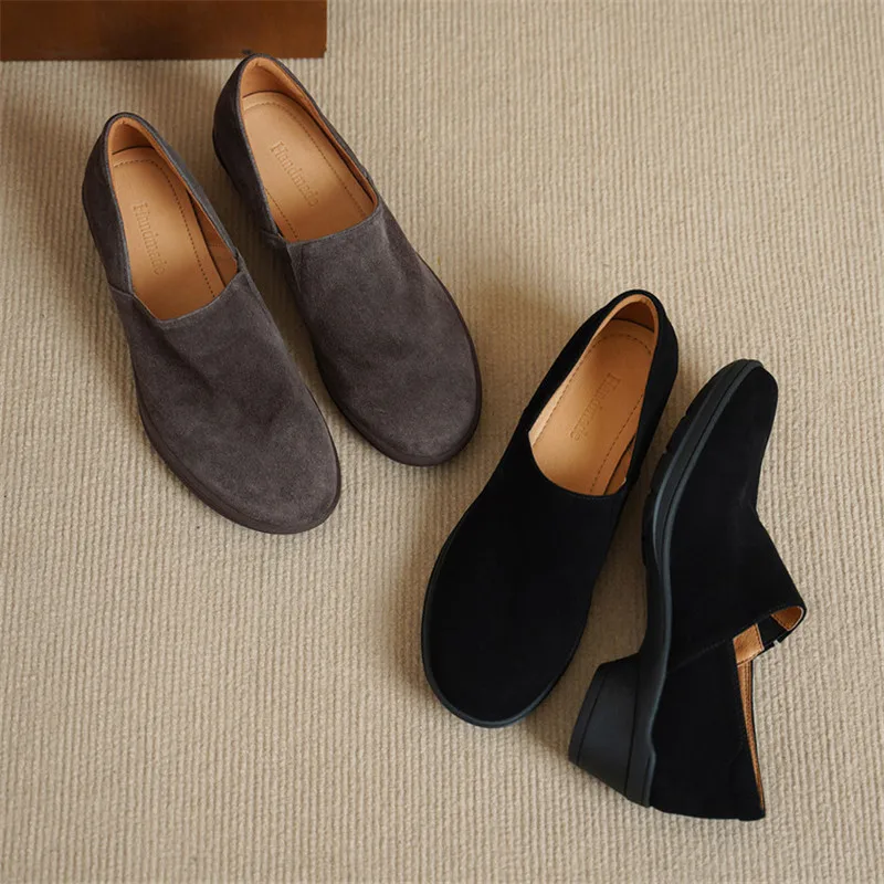 New Spring Autumn Sheep Suede Women Shoes Fashion Round Toe Loafers Shoes for Women Mid Heels Women Pumps Ladies Shoes Handmade
