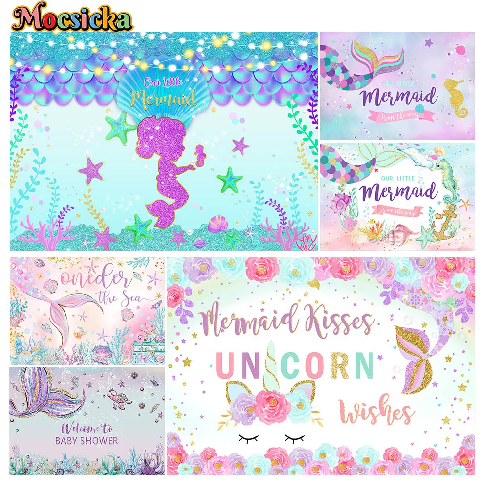 

Mocsicka Baby Shower Photography Backgrounds Mermaids Colourful Scales Holiday Party Children Family Photo Backgrounds Studio