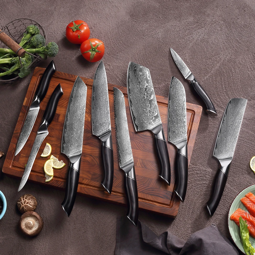 

TJ POP 9 Pcs Kitchen Knives Set 67 Layer Damascus Steel Paring Utility Santoku Knifes Kiritsuke Boning Meat Cleaver Chef knife