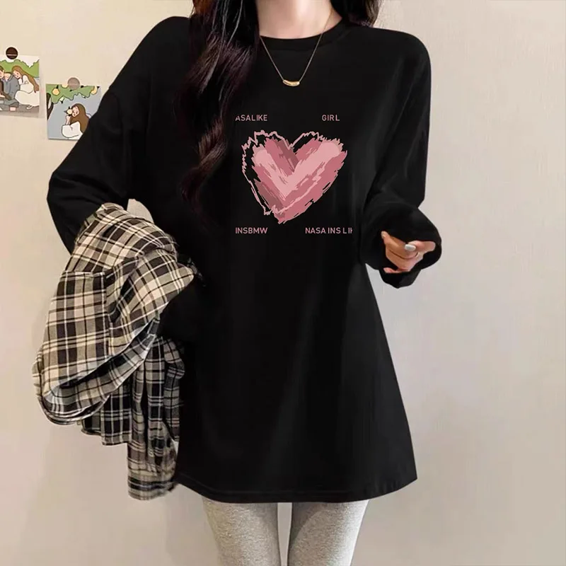 Autumn Chic Hand-Painted Love Print T-shirt Women Clothing Casual Loose O-neck Long Sleeve Pullover Office Lady Pure Cotton Tops