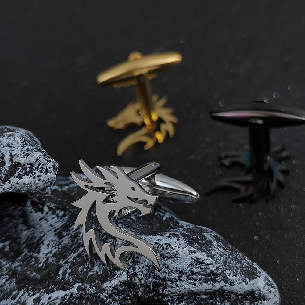 

Men's Vintage Cuff Links Quality Stainless Steel Material Golden Color Chinese Dragon Design Cufflinks Wholesale & Retail