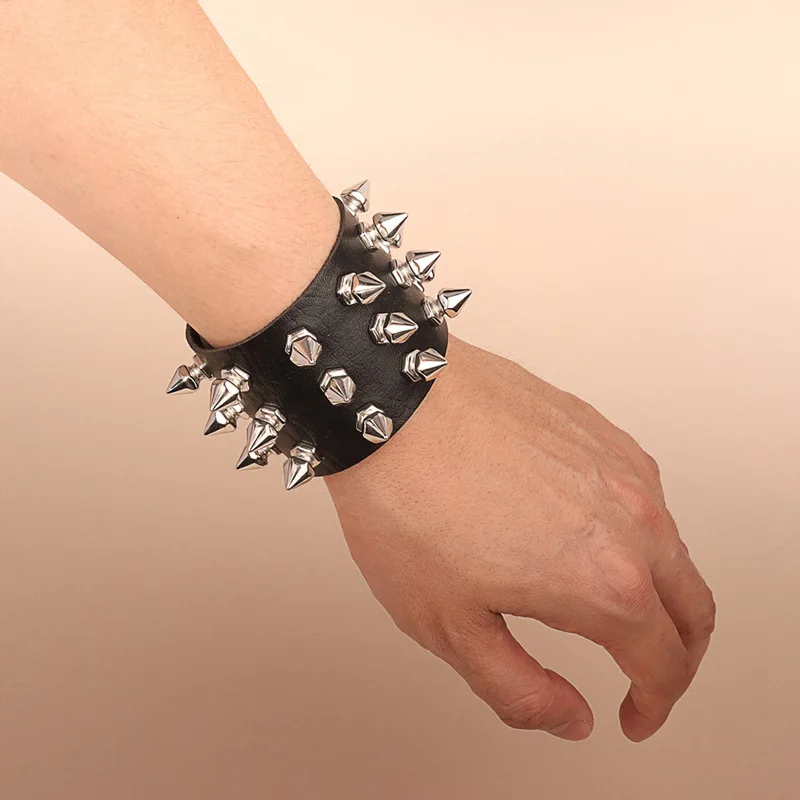 Punk Bracelet for Men Women - Goth Black Leather Wristband with Metal Spike Studded- Spike Rivets Cuff Bangle Adjustable image 4