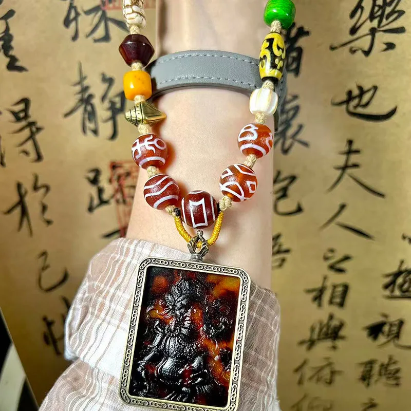 Imitation Tortoiseshell-Patterned Cow Bone Dzi Bead Necklace, Handmade With Braided Cord