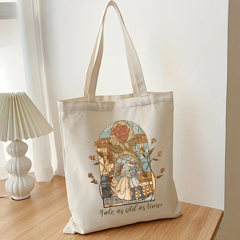 1pc Canvas Shopping Bag, Portable Shoulder Bag, Trendy Large Capacity Tote Bag For Daily Life