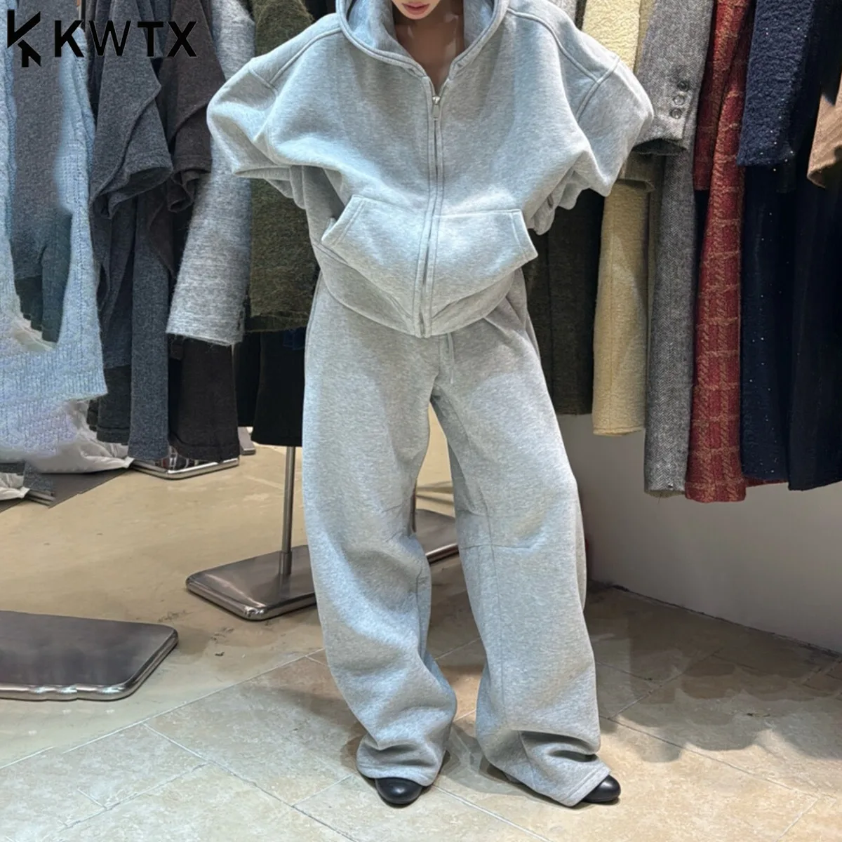 

KWTX 2025 осенне-зимний женский комплект из 2 предметов, спортивный костюм на молнии с капюшоном, широкие брюки, повседневный элегантный однотонный наряд