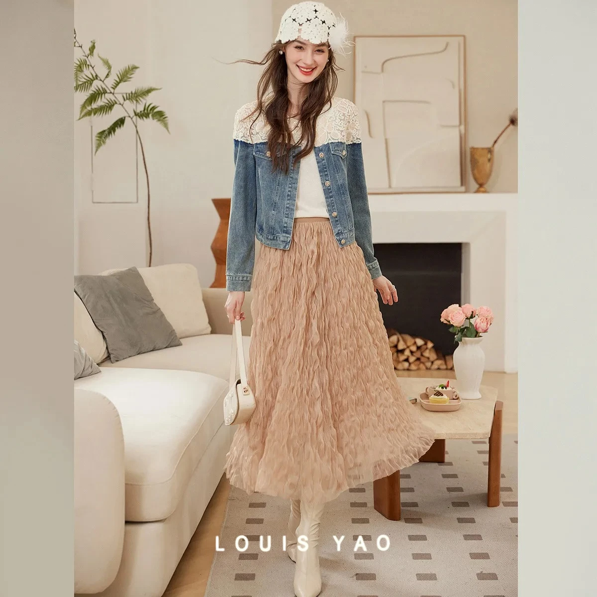 

LOUIS YAO, кружевная джинсовая женская куртка, пальто, осень 2022, женский кардиган с круглым вырезом и полой вышивкой