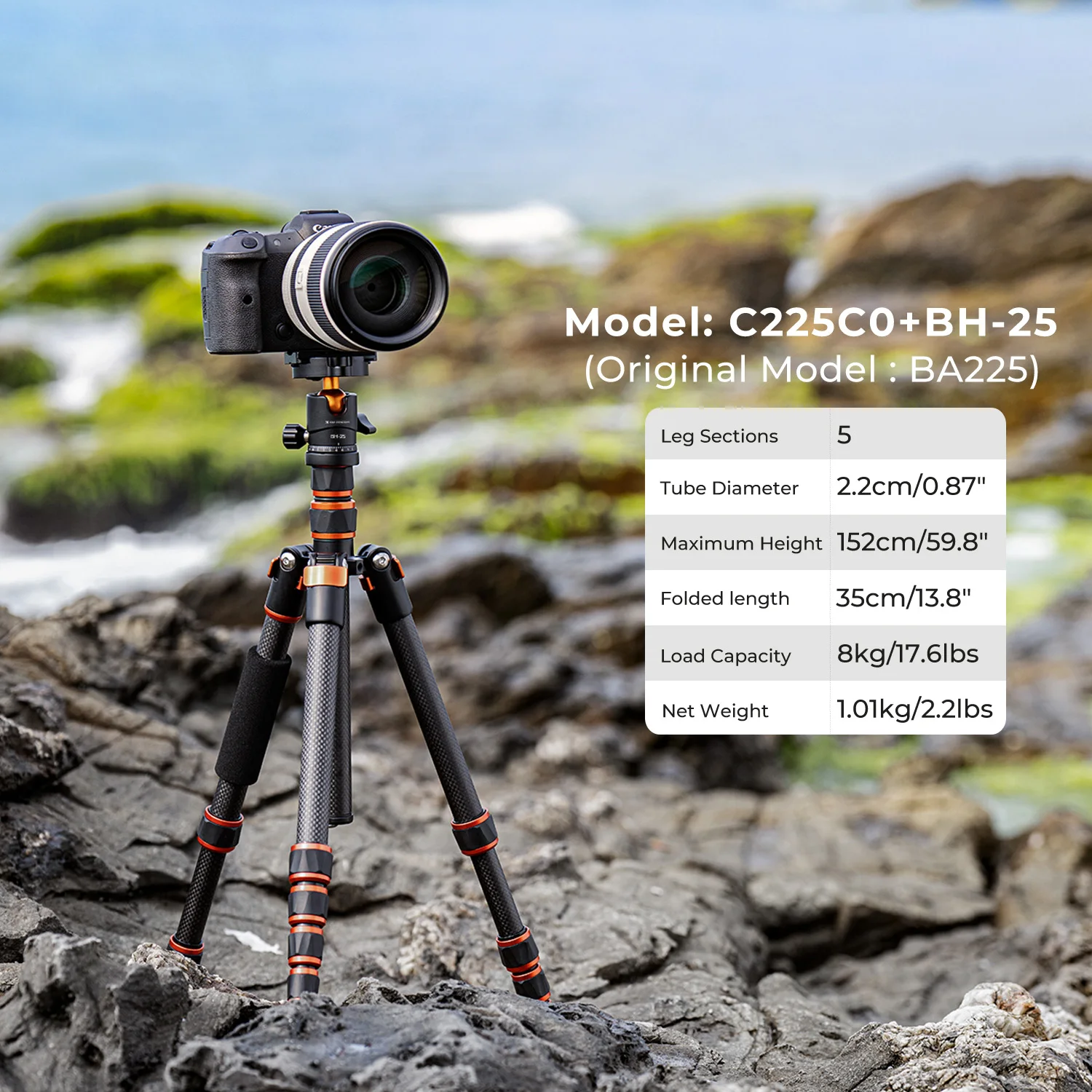 K&F Concept Lightweight Travel Tripod Carbon Fiber Tripod 8kg/17.6lbs Load Capacity 60\