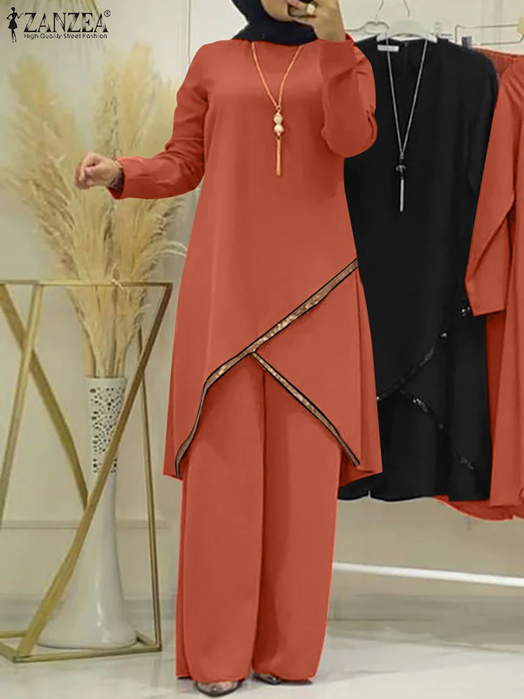 ZANZEA Fashion Tracksuit Muslim Women Long Sleeve Blouse Abaya Suits Sequins Islamic Clothing Loose Matching Sets 2PCS