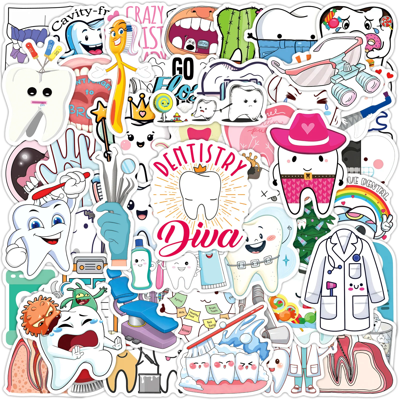 

50/100PCS Cartoon Tooth Dentist Stickers, Waterproof Doodle Decals for Cup Computer Toolbox Phone Guitar Stationery