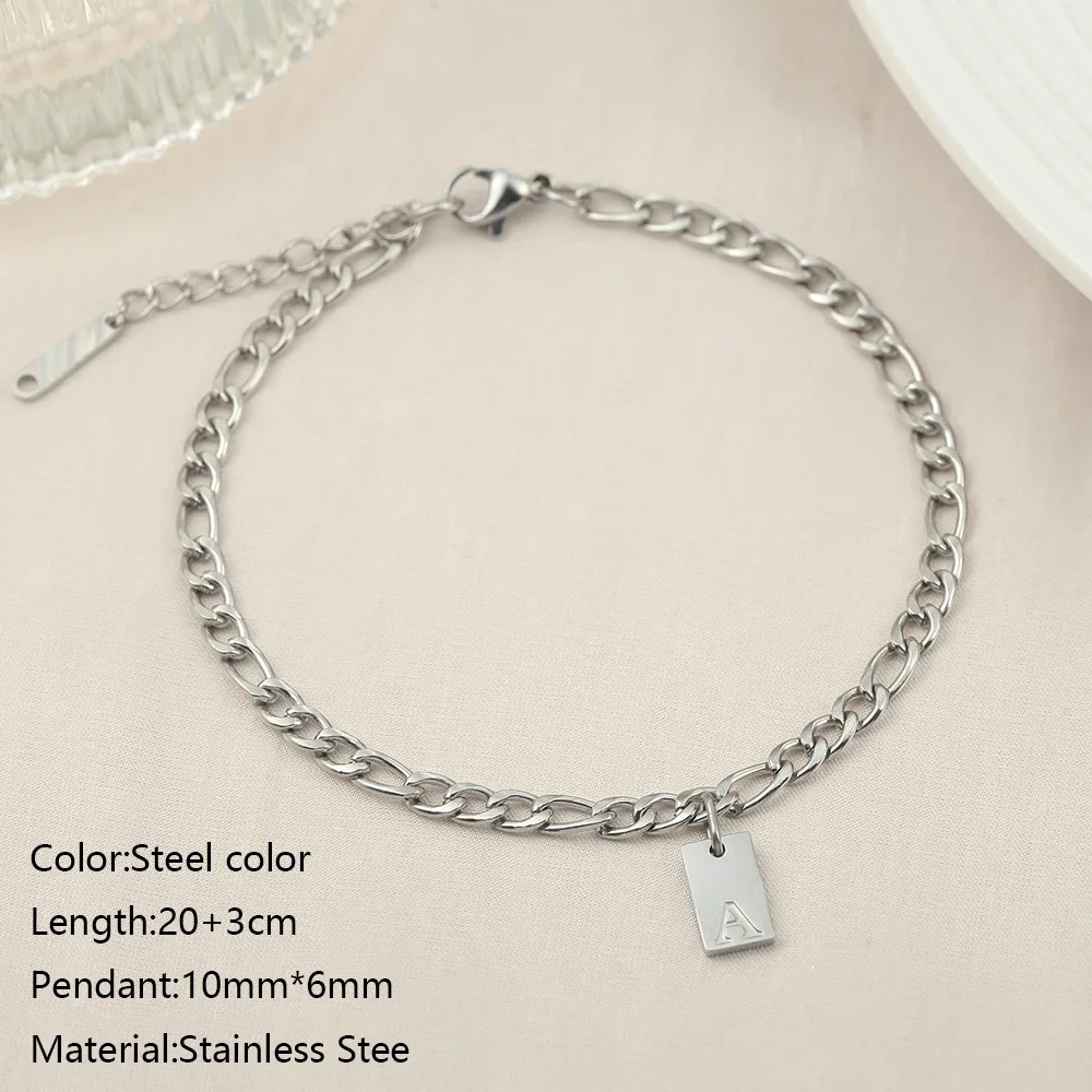 Minimalist style stainless steel ladies square logo 26 name letter silver color charm Anklets summer beach party gifts wholesale