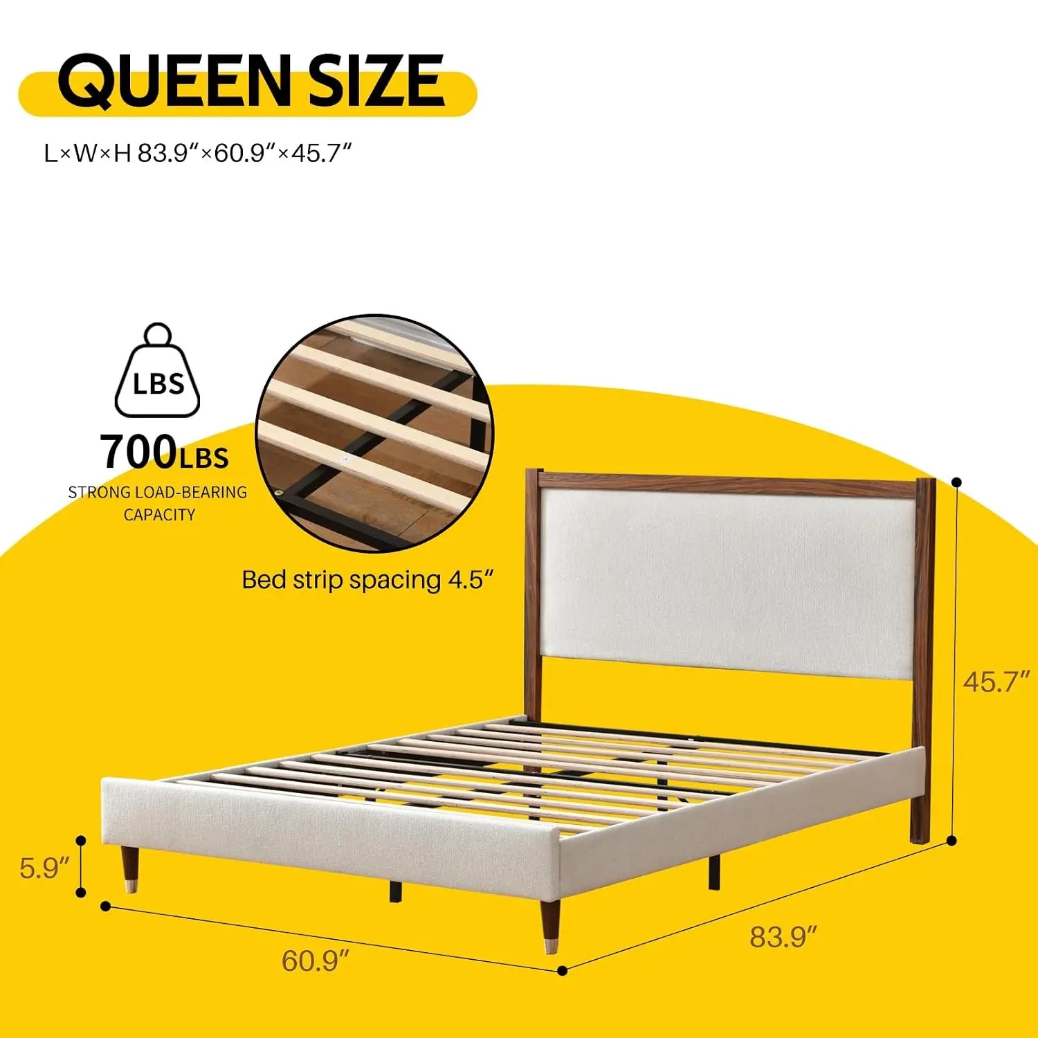 Queen Size Upholstered Platform Bed Frame with Wood Trim Headboard | Cream Queen bed frame/Linen Fabric, Customized - view 2