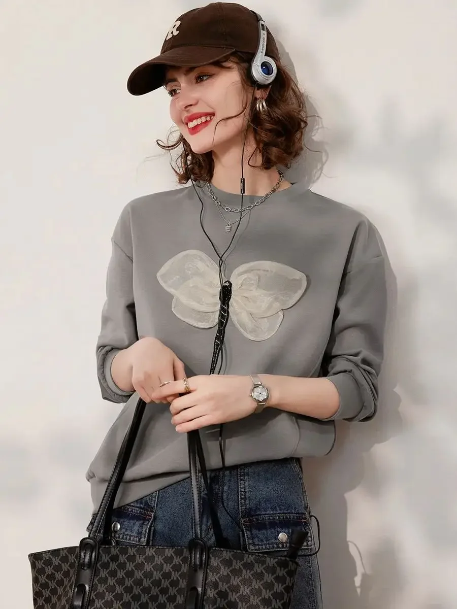 LOUIS YAO Women Sweatshirt 2024 Spring New Round Neck Long Sleeve 3D Dragonfly Decoration Loose Fit Casual Pullover Women's Top