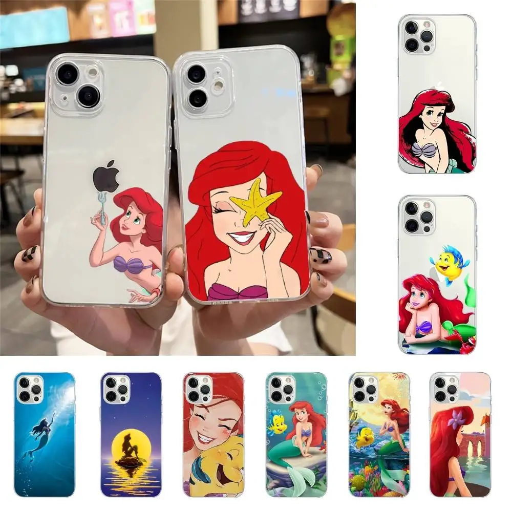 Linda Funda de Teléfono de Ariel la Sirenita para iPhone 17 16 15 14 Plus 13 12 11 Pro Max, Carcasa Trasera Transparente Antigolpes