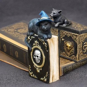 

Halloween Witch Cat Figurine Magic Book Resin Ornament Skull Hand Bookend Spooky Desktop Decoration Gift For Home Table Display