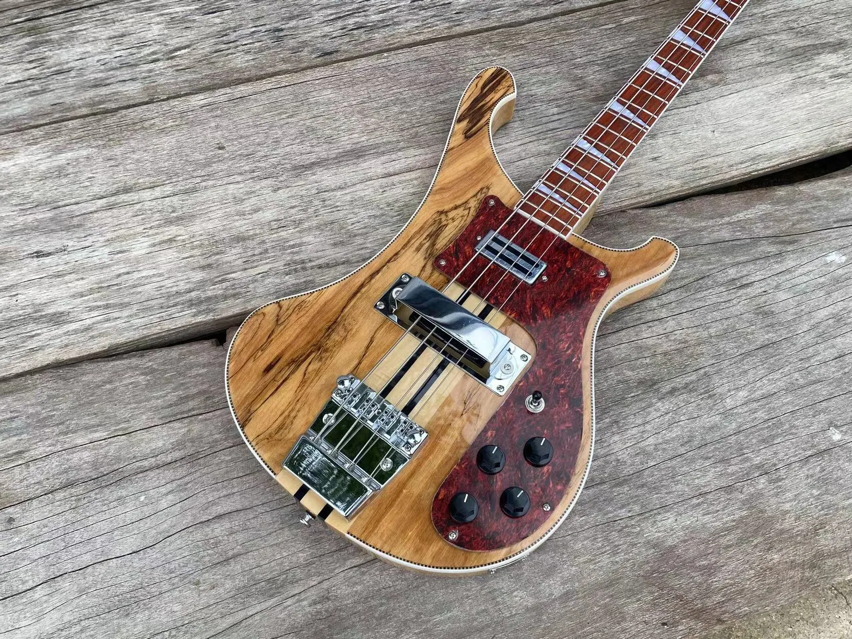 Maple+Rosewood Neck Thru Body Electric Bass Guitar Adjustable Bridge, Red Tortoise Pickguard, Spalted Maple Checkerboard Binding